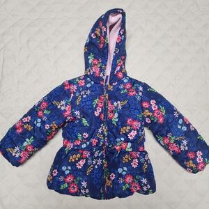 Little Me Fleece Lined Blue Floral Puffer Jacket with Hood 2T